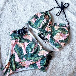 Tropical Two piece strappy cut out pink bikini